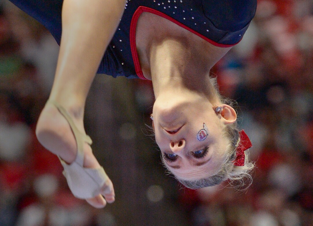 (Leah Hogsten  |  The Salt Lake Tribune) MaKenna Merrill-Giles on beam as the No. 4 Utah gymnasts host No. 20 Georgia in the final regular season meet at Jon M Huntsman Center in Salt Lake City Friday, March 16, 2018. 