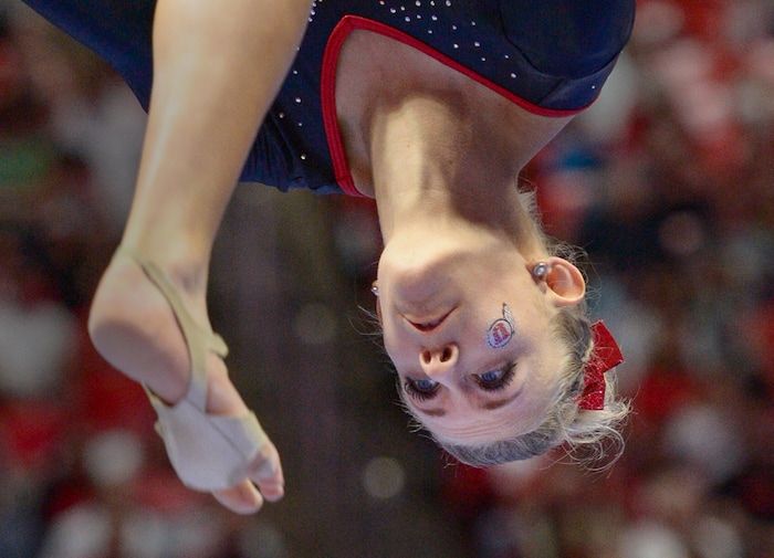 (Leah Hogsten  |  The Salt Lake Tribune) MaKenna Merrill-Giles on beam as the No. 4 Utah gymnasts host No. 20 Georgia in the final regular season meet at Jon M Huntsman Center in Salt Lake City Friday, March 16, 2018. 