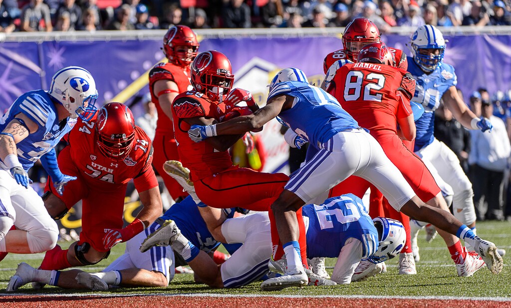 Trent Nelson  |  The Salt Lake Tribune
Utah running back Joe Williams (28) scores a touchdown against BYU in the Royal Purple Las Vegas Bowl.