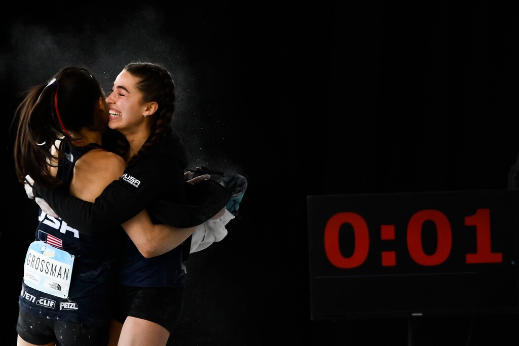 (Alex Goodlett | Special to The Tribune) Natalia Grossman  of the Untied States (left) and Brooke Raboutou of the United States (right) celebrate after Grossman won the women's bouldering competition in IFSC Boulder World Cup at Industry SLC in Salt Lake City on Saturday, May 22, 2021.