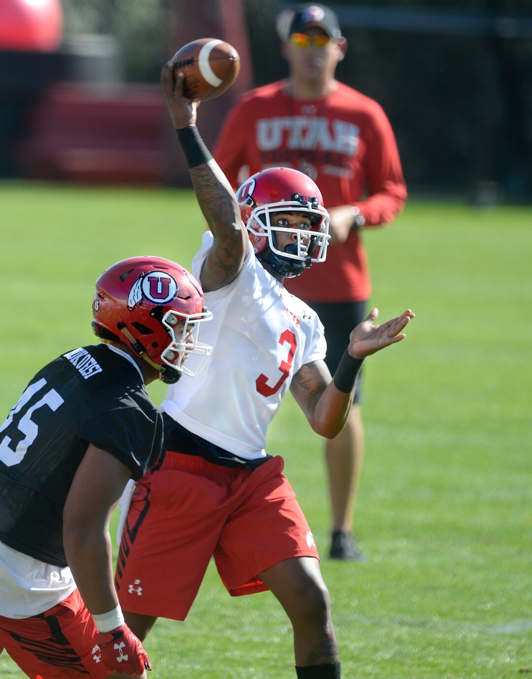 Scott Sommerdorf   |  The Salt Lake Tribune  Utah QB Troy Williams passes during the first day of Utah fall football camp, Friday, July 28, 2017.  
