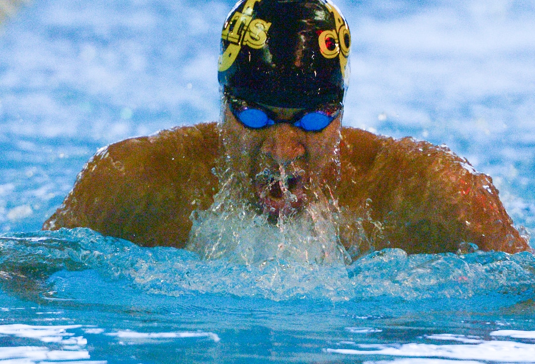 (Leah Hogsten  |  The Salt Lake Tribune)  Cottonwood High School's Blayze Kimble swims the 100 yard breaststroke with time of 57.94 at the Class 5A State Championships in Bountiful, Saturday, February 10, 2018. 