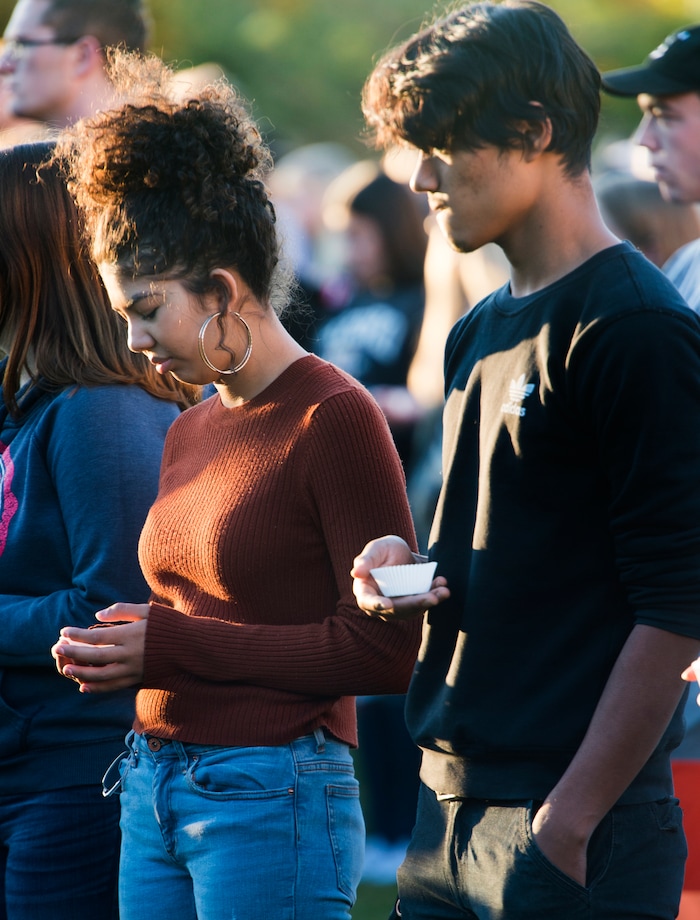 (Rick Egan  |  The Salt Lake Tribune)  Utah University students Alexandra Reyes and Rajesh Newa gather for a candle light vigil for the victims of the Las Vegas shooting, on the SUU campus in Cedar City, Wednesday, October 4, 2017.