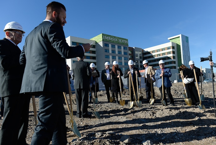 (Francisco Kjolseth | The Salt Lake Tribune) Wasatch Commercial Management gets ready to break ground Tuesday, Nov. 28, 2017, alongside developers, real estate brokers and state leaders in West Valley City for the state-of-the-art ÒFairbourne StationÓ that will serve as the cornerstone of the new downtown in UtahÕs second-largest and most diverse city.