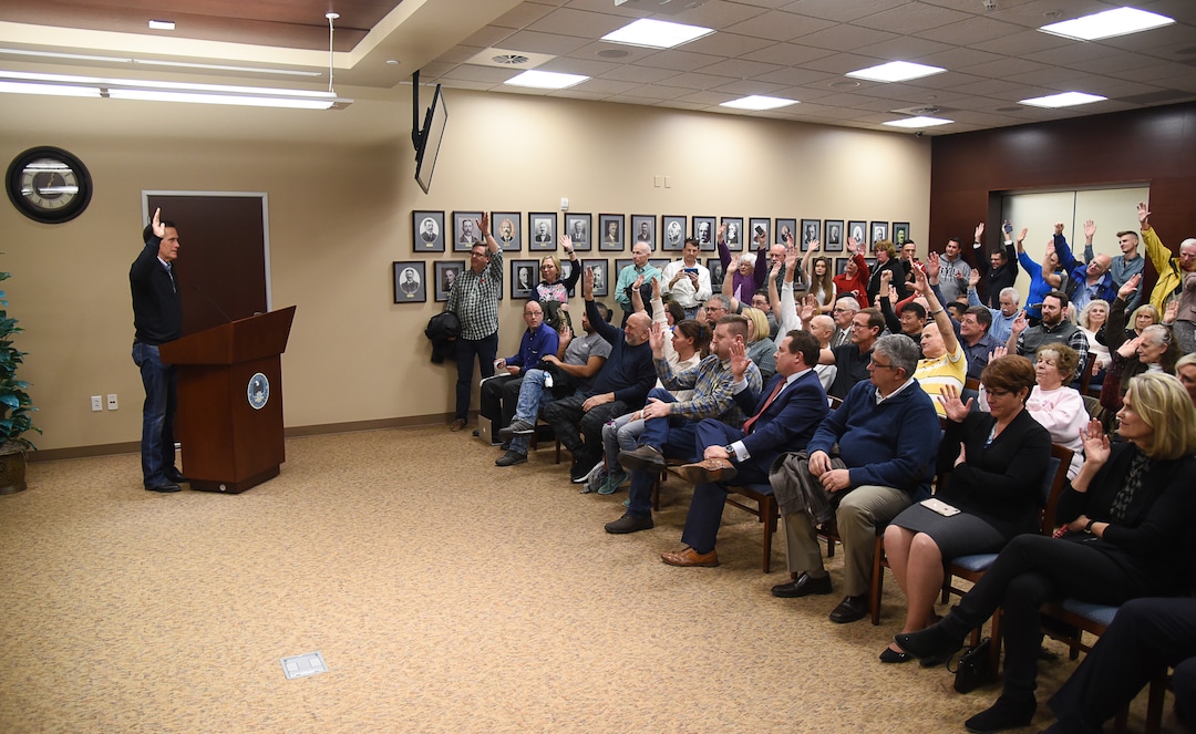 (Francisco Kjolseth  |  The Salt Lake Tribune)  U.S. Senator Mitt Romney asks multiple questions including "who is upset the government is shut down" as he holds a town hall meeting at the Davis County administration building, Tuesday, January 22, 2019, to hear from local residents.