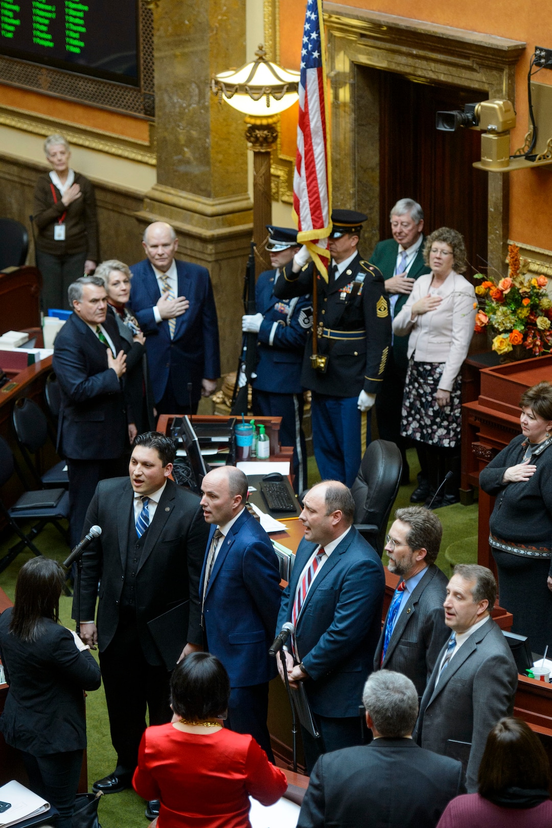 (Steve Griffin  |  The Salt Lake Tribune) Utah Lt. Gov. Spencer Cox, second from left, and former members of the House of Representatives sing the National Anthem as they open the 2018 Legislative session at the Utah State Capitol in Salt Lake City Monday January 22, 2018.