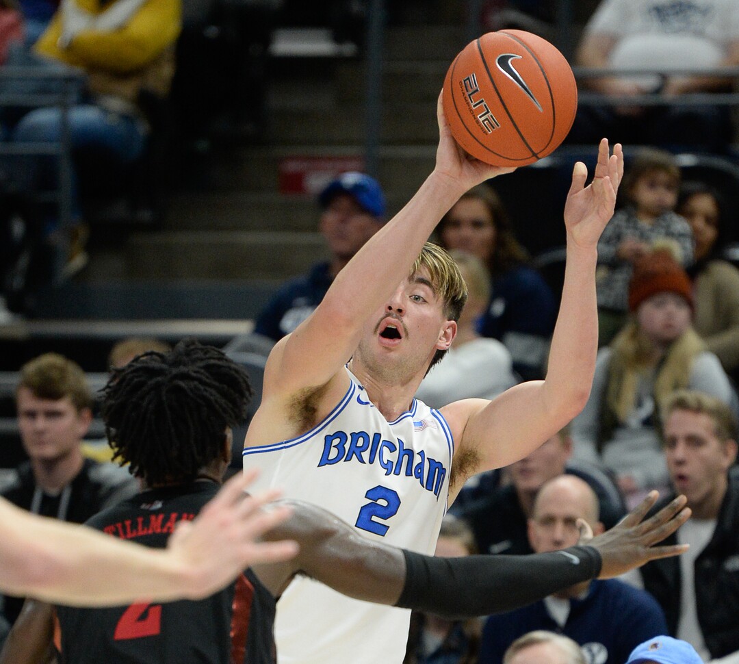 (Francisco Kjolseth  |  The Salt Lake Tribune)  Brigham Young Cougars guard Zac Seljaas (2) finds an open teammate as BYU takes on UNLV in men's NCAA basketball at Vivint Smart Home Arena in Salt Lake City on Sat. Dec. 7, 2019.