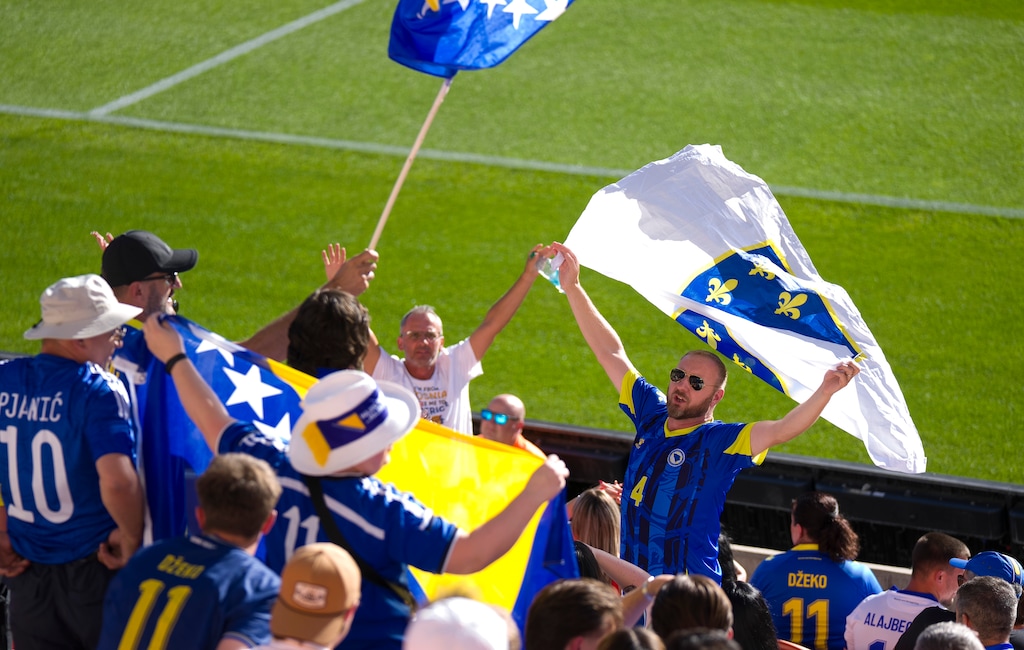 (Bethany Baker | The Salt Lake Tribune) Fans cheer as Bosnia-Herzegovina players practice for the World Cup during an open training session at America First Field in Sandy on Monday.