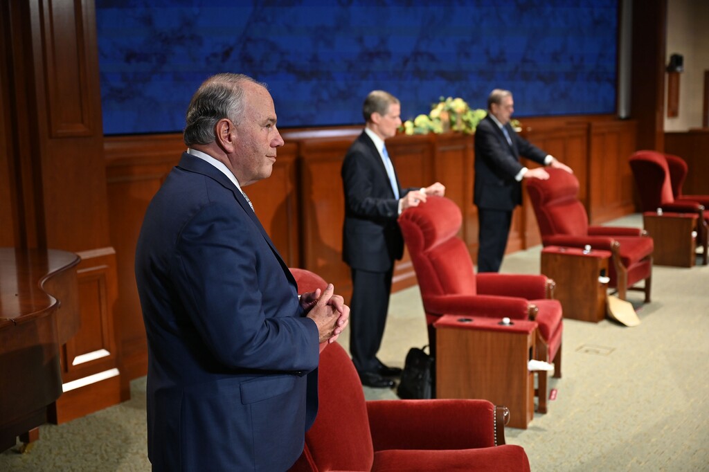 (photo courtesy The Church of Jesus Christ of Latter-day Saints)  Elders Ronald A Rasband, David A. Bednar and Jeffrey R. Holland arrive for the Sunday morning session of General Conference on April 5, 2020.