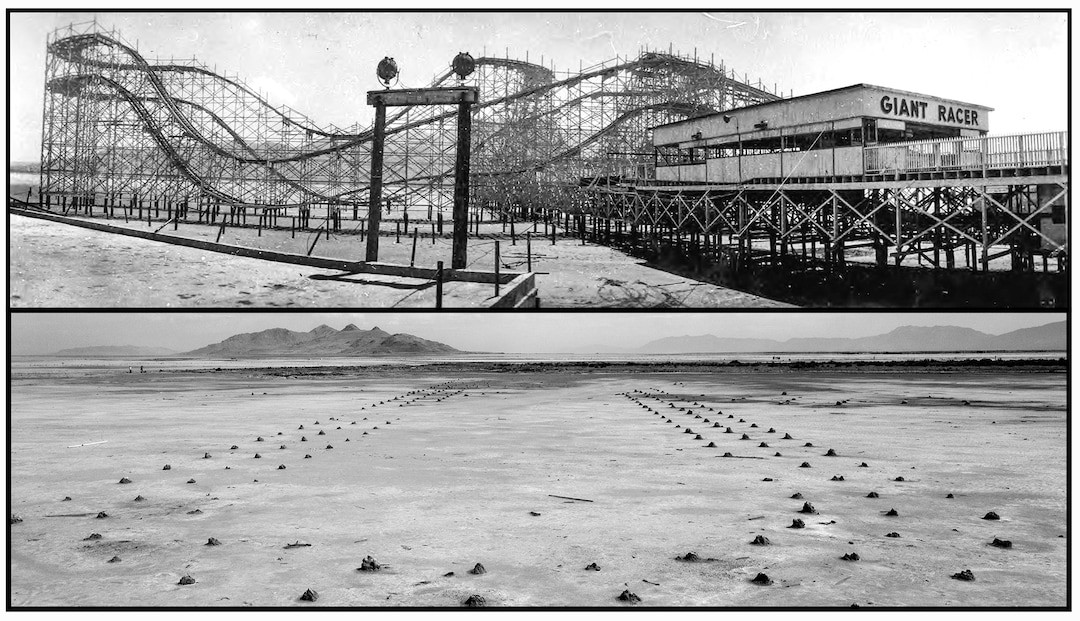 (Ray King (top), Leah Hogsten (bottom) | The Salt Lake Tribune) Saltair II Resort's Giant Racer roller coaster, once touted as the world's tallest, photographed in the 1950s, top, in comparison to the stumps that remain near the Great Salt Lake as the last vestiges of its former existence, July 21, 2022. 