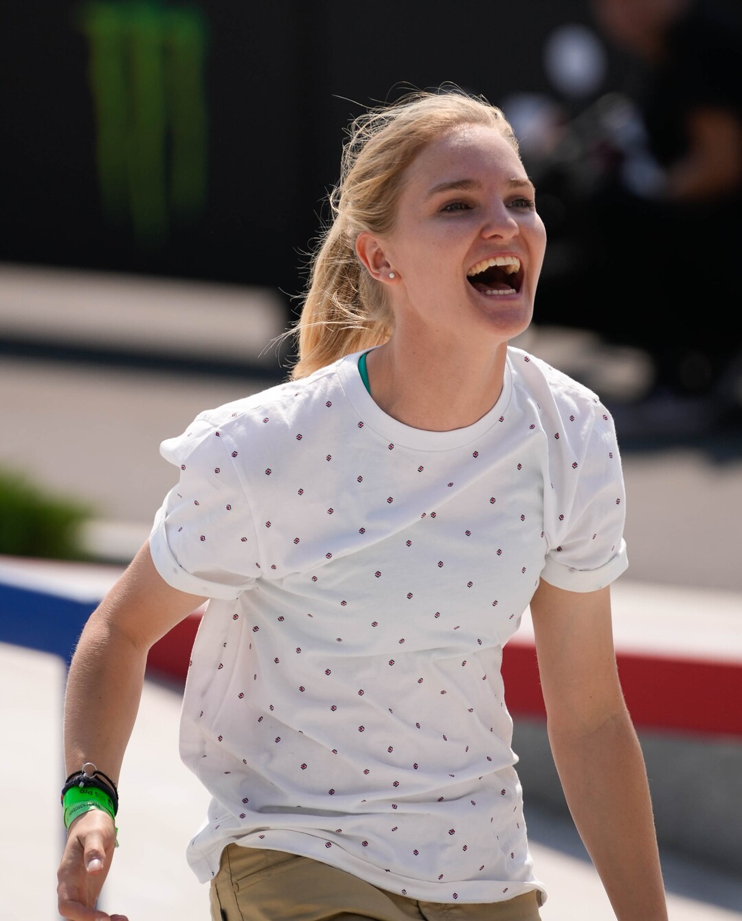 (Francisco Kjolseth | The Salt Lake Tribune) Roos Zwetsloot of the Netherlands, celebrates her podium finish in the Street League Skateboarding Championship Tour at the Utah State Fairpark in Salt Lake City on Saturday, Aug. 28, 2021. Now in its 11th year, the sport’s premier competition series includes more of the world’s best skaters than ever before, with the tour roster featuring 47 athletes hailing from 11 countries, including 21 Olympians and multiple X Games medalists.