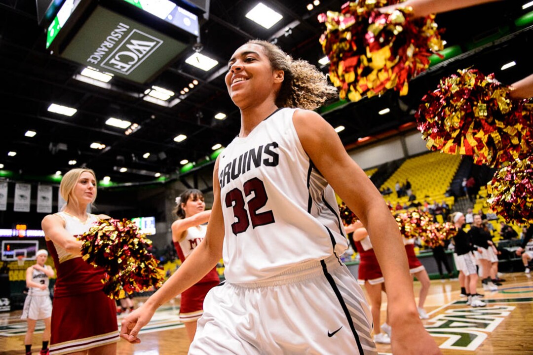 (Trent Nelson | The Salt Lake Tribune)  Hurricane vs. Mountain View, 4A State high school basketball tournament at Utah Valley University in Orem, Thursday March 1, 2018. Mountain View's Skye Lindsay (32).