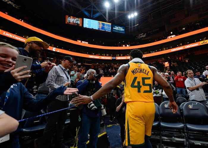 (Francisco Kjolseth  |  The Salt Lake Tribune)  Utah Jazz guard Donovan Mitchell (45) exits the arena following a 106-104 win over the Philadelphia 76ers in their NBA basketball game at Vivint Smart Home Arena in Salt Lake City on Wednesday, Nov. 6, 2019.