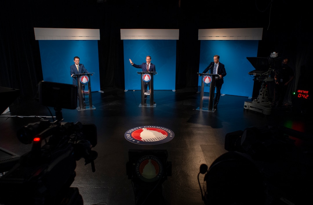 (Rick Egan  |  The Salt Lake Tribune)   Candidates meet for a 2nd Congressional District debate between J. Robert Latham (L), Chris Stewart (R) and Kael Weston (D), at KSL Studio in Salt Lake City, on Monday, October 19, 2020