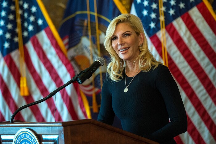 (Chris Detrick  |  The Salt Lake Tribune)  Mary Kaye Huntsman speaks during an Ambassadorial Swearing in Ceremony at the Utah Capitol Saturday, October 7, 2017. 