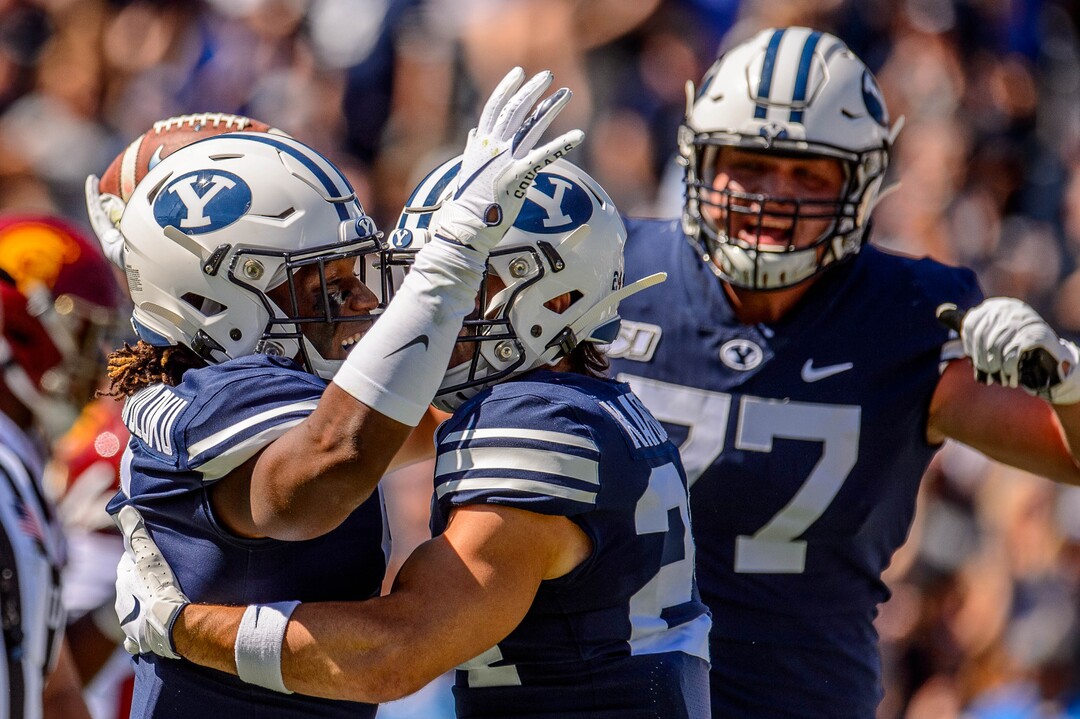 (Trent Nelson  |  The Salt Lake Tribune)  
Brigham Young Cougars defensive backs Dayan Ghanwoloku (5) and Austin Kafentzis (24) celebrate a touchdown as BYU hosts USC, NCAA football in Provo on Saturday Sept. 14, 2019.