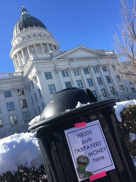 (Francisco Kjolseth / The Salt Lake Tribune) Signs were posted Tuesday on trash cans at the Utah Capitol in opposition to HB205, which would criminalize doctors who perform an abortion based on a diagnosis of Down syndrome.