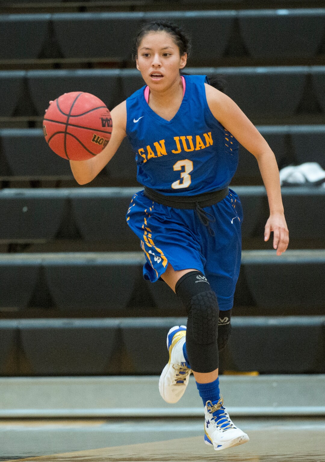 (Rick Egan  |  The Salt Lake Tribune)     Kelesha Gray (3) San Juan, leads a fast break for the Mustangs, in 3A Women's basketball playoff action Judge Memorial vs. San Juan, in Heber City, Friday, Feb. 16, 2018.