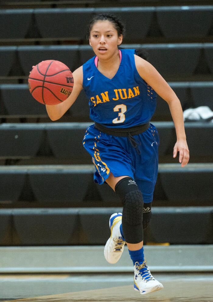 (Rick Egan  |  The Salt Lake Tribune)     Kelesha Gray (3) San Juan, leads a fast break for the Mustangs, in 3A Women's basketball playoff action Judge Memorial vs. San Juan, in Heber City, Friday, Feb. 16, 2018.
