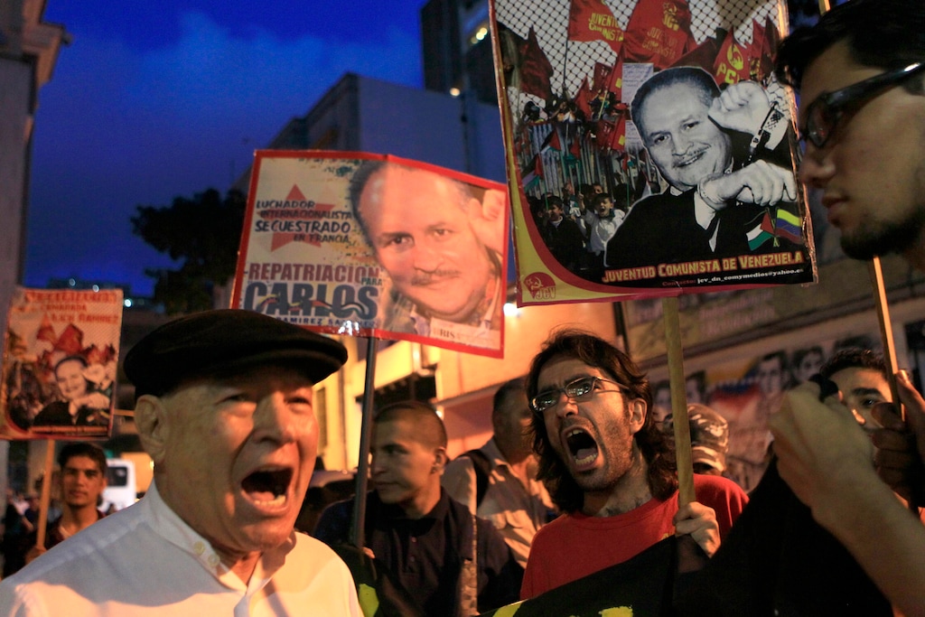 Supporters of Ilich Ramirez Sanchez, known as "Carlos the Jackal," protest demanding his repatriation in Caracas, Venezuela, Monday Nov. 7, 2011. (AP Photo/Ariana Cubillos)