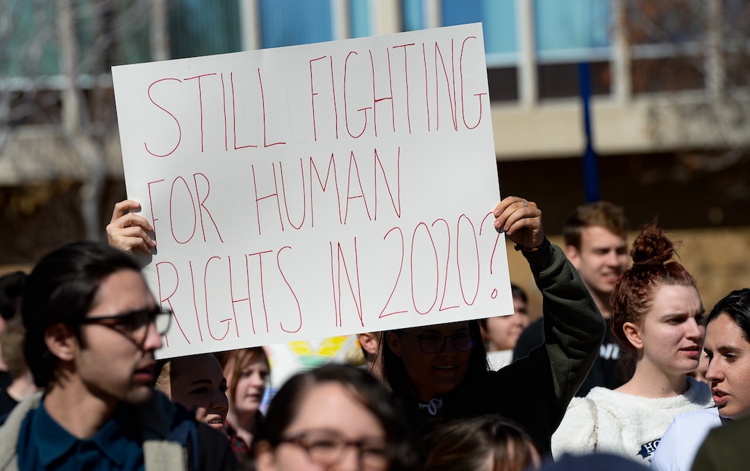 (Francisco Kjolseth  |  The Salt Lake Tribune) Students protest outside the student center at Brigham Young University in Provo, Wednesday, March 4, 2020, after an official with The Church of Jesus Christ of Latter-day Saints issued a clarification to the school's Honor Code, which said that same-sex romantic behavior is still "not compatible" with the rules at BYU.