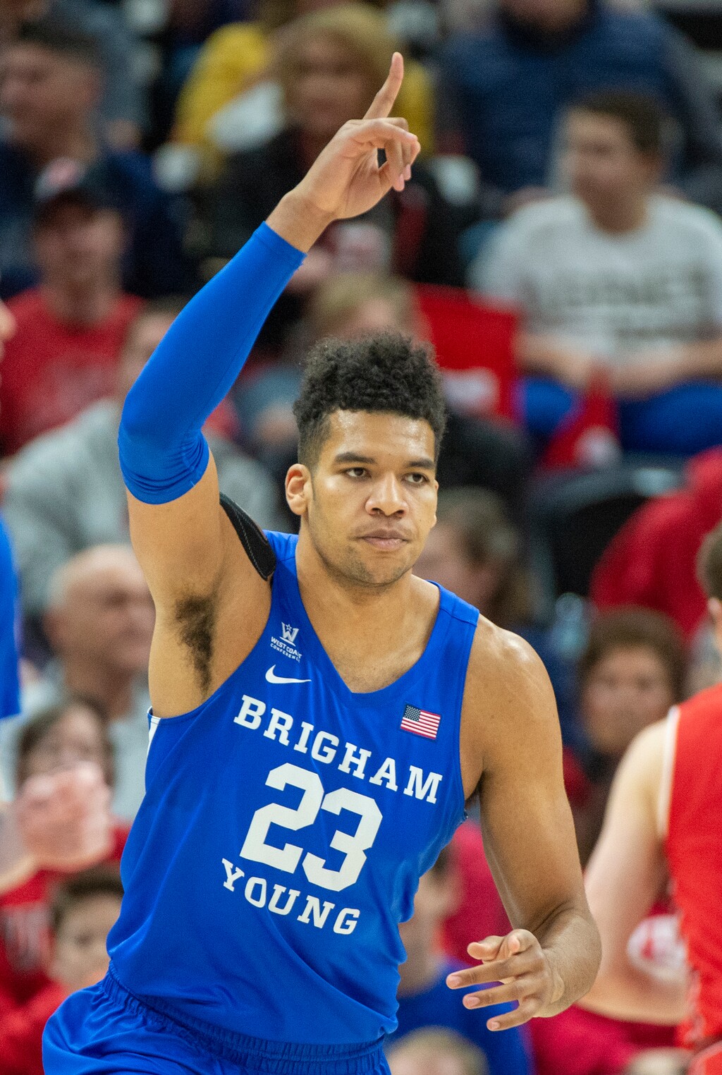 (Rick Egan  |  The Salt Lake Tribune)   against the Brigham Young Cougars forward Yoeli Childs (23) celebrates after scoring 2 of his 15 first half points, in basketball action in the Beehive Classic, between against the Brigham Young Cougars and Utah Utes, a the Vivint Smart Home Arena, Saturday December 8, 2018. Childs scored 23 points to lead BYU to a 71-66 victory over Saint Mary's on Thursday, Jan. 25, 2019.