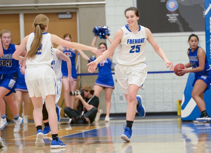 (Leah Hogsten  |  The Salt Lake Tribune) Fremont's Emma Calvert (25) had 10 rebounds and scored 21 points. Fremont defeated Bingham 61-47 to win the 6A High School Girls' Basketball Tournament title at SLCC in Taylorsville,Saturday, Feb. 24, 2018. 