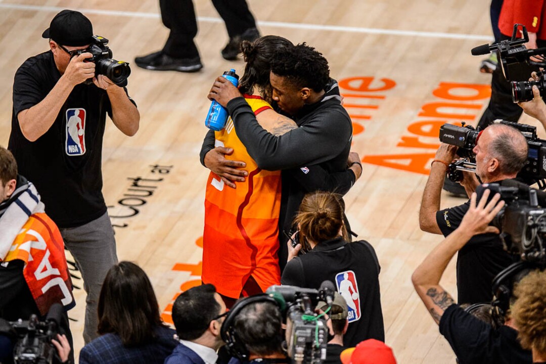 (Trent Nelson | The Salt Lake Tribune)  Utah Jazz host the Oklahoma City Thunder, Game 3, NBA playoff basketball in Salt Lake City, Saturday April 21, 2018. Utah Jazz guard Ricky Rubio (3) and Utah Jazz guard Donovan Mitchell (45) embrace.