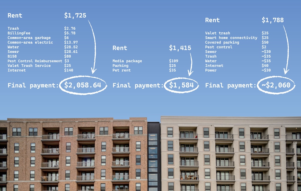 (Illustration by Christopher Cherrington | The Salt Lake Tribune) Fees for internet, trash collection, pest control, and other services can add hundreds of dollars to tenants' base rent, as shown in these examples that Utahns provided through a Tribune survey. New legislation would require ads to include disclosure of many mandatory fees.