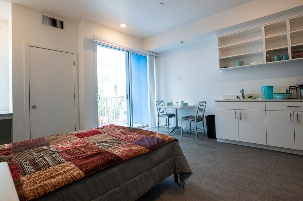 (Rick Egan | The Salt Lake Tribune)  The studio apartments in the Magnolia include a full kitchen, bed and bathroom, in the new 65-unit permanent supportive housing complex for people who have experienced homelessness, on Thursday, June 24, 2021.