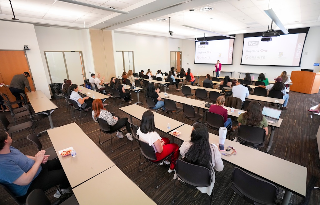 (Bethany Baker  |  The Salt Lake Tribune) Participants listen during the Latinas in Business Spring Event, a workshop designed for women striving to grow in their corporate career, in Sandy on Saturday, May 3, 2025.