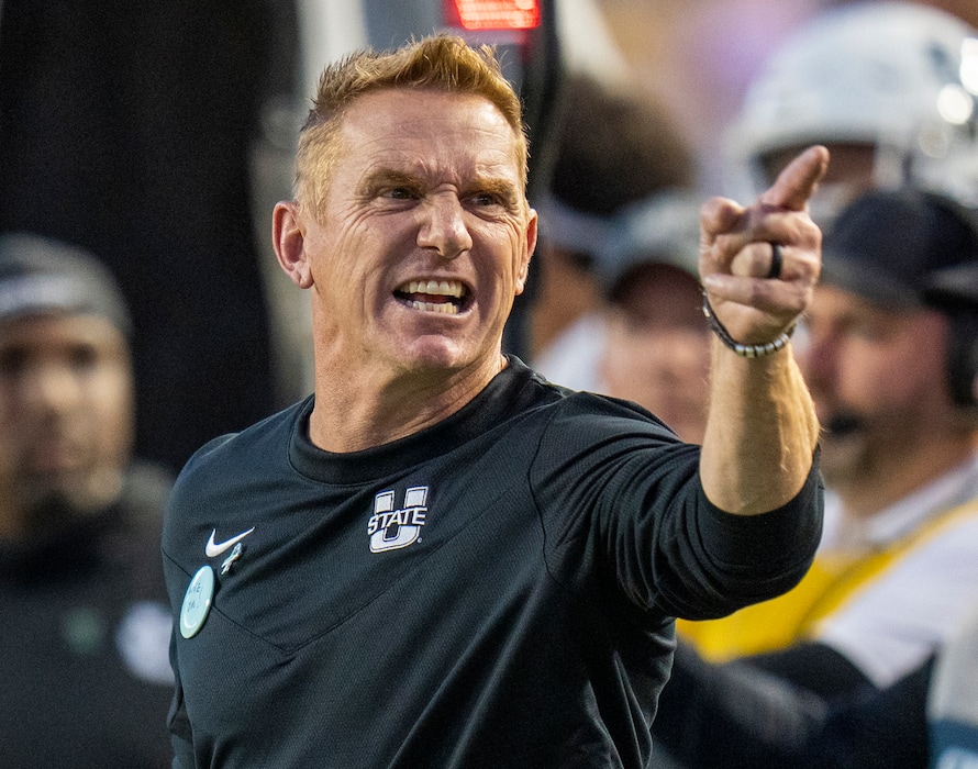 (Rick Egan | The Salt Lake Tribune) Utah State Aggies head coach Blake Anderson, complains about a call, in Football action between the Brigham Young Cougars and the Utah State Aggies, at LaVell Edwards Stadium in Provo, on Thursday, Sept. 29, 2022.