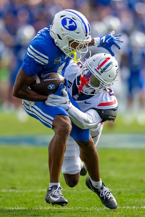 (Trent Nelson  |  The Salt Lake Tribune) BYU Cougars wide receiver Legend Glasker (1) pulls in a pass as BYU hosts Arizona, NCAA football in Provo on Saturday, Sept. 12, 2026.
