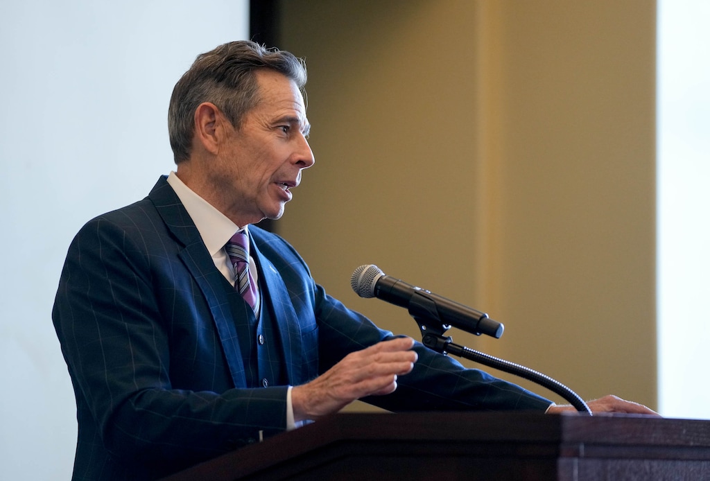 (Francisco Kjolseth | The Salt Lake Tribune) U.S. Sen. John Curtis answers questions during a news conference at the Utah Capitol on Thursday, Feb. 19, 2026.