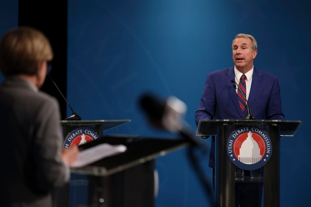 (Laura Seitz | Pool) Chris Herrod, Republican primary candidate in Utah's 3rd Congressional District, answers questions from moderator Natalie Gochnour during a GOP primary debate in Salt Lake City on Wednesday, June 1, 2022. Incumbent Rep. John Curtis did not attend the debate sponsored by the Utah Debate Commission.