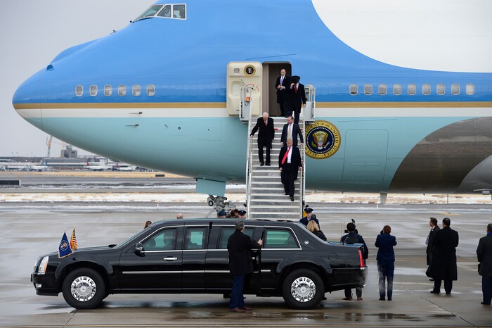 (Scott Sommerdorf   |  The Salt Lake Tribune)   President Trump arrives in Salt Lake City after the arrival of Air Force One at the Ronald R Wright National Air Guard Base, Monday, December 4, 2017.  