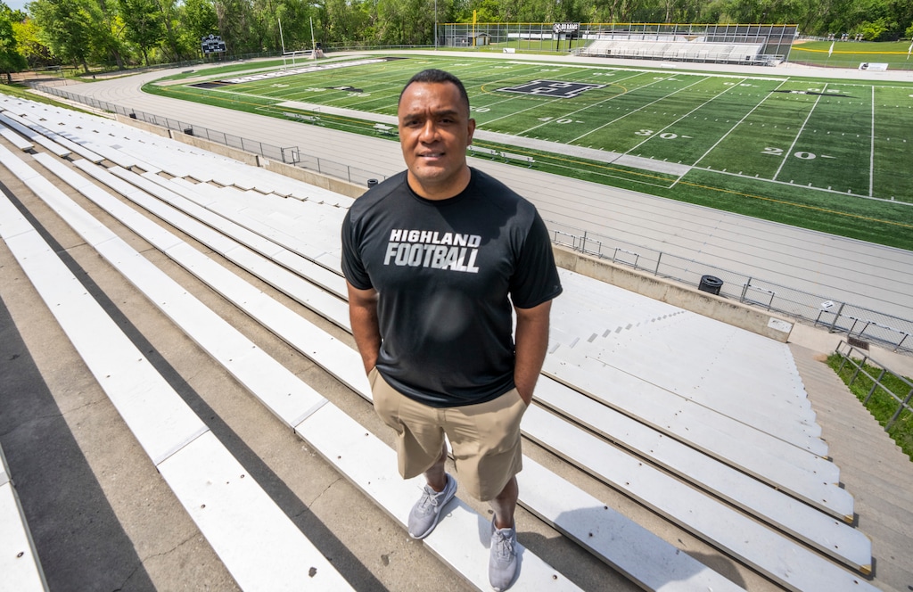(Rick Egan | The Salt Lake Tribune)  Kautai Olevao is one of the new Highland High football coaches, on the Highland football field, Wednesday, May 19, 2021.