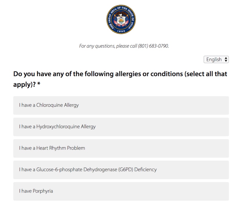 (Screenshot) Questions about hydroxychloroquine, a malaria drug that's been controversially touted as a treatment for COVID-19, have been added to the assessment form Utah patients take to obtain a coronavirus test on TestUtah.com.