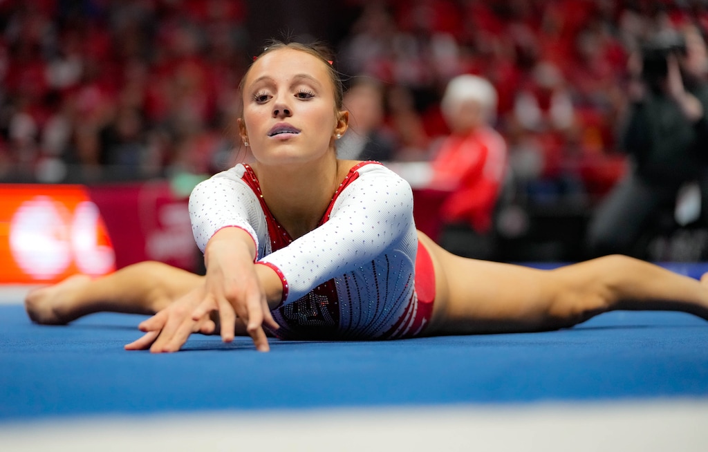(Francisco Kjolseth  | The Salt Lake Tribune) The Utah Red Rocks’ Ella Zirbes competes on the floor during a gymnastics meet against Arizona at the Huntsman Center in Salt Lake City on Friday, February. 7, 2025. The University of Utah won.