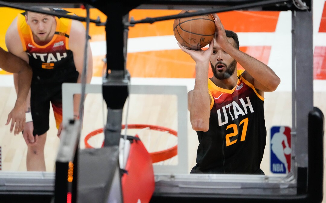 (Francisco Kjolseth | The Salt Lake Tribune) Utah Jazz center Rudy Gobert (27) shoots from the line in NBA action between the Utah Jazz and the Portland Trail Blazers, at Vivint Smart Home Arena, on Wednesday, May 12, 2021.