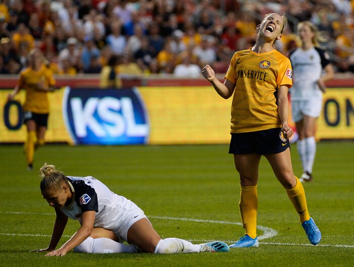 (Francisco Kjolseth  |  The Salt Lake Tribune)  Utah Royals FC forward Amy Rodriguez (8) expresses the agony of a missed shot on goal as Utah Royals FC hosts the North Carolina Courage at Rio Tinto Stadium in Sandy, Utah on Saturday, July 27, 2019.