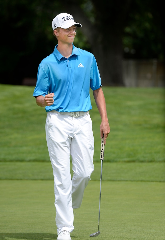 (Scott Sommerdorf   |  The Salt Lake Tribune)   Connor Howe pumps his fist after making a birdie putt during a round with friends at the Ogden Country Club, Wednesday, August 9, 2017. Howe is the best boys prep golfer in Utah. He's won the last two Class 5A state titles, and will be heading to Georgia Tech next year to play.