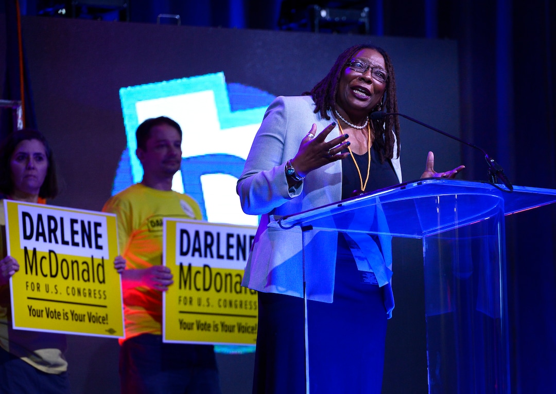 (Scott Sommerdorf | The Salt Lake Tribune)
Candidate Darlene McDonald speaks at the Democratic convention, Saturday, April 28, 2018 at the Salt Palace Convention Center in Salt Lake City, Utah.