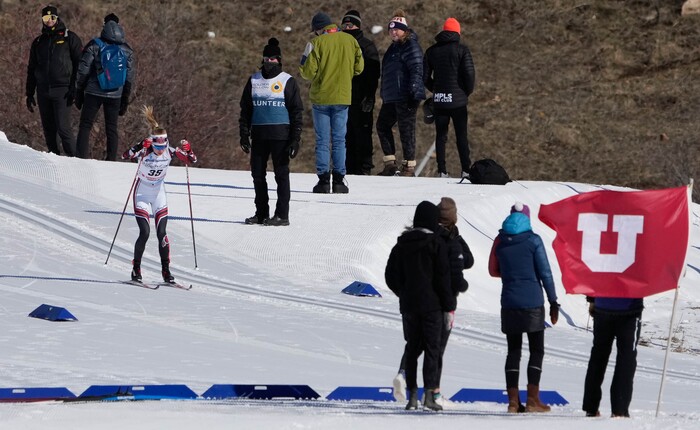 (Francisco Kjolseth | The Salt Lake Tribune) Sophia Laukli of the University of Utah competes during the women’s 5K classic in the NCAA Skiing Championships held at the Soldier Hollow Nordic Center on Thursday, March 10, 2022 in Midway, Utah. Laukli tied for second place with a time of 13:36.2. 



