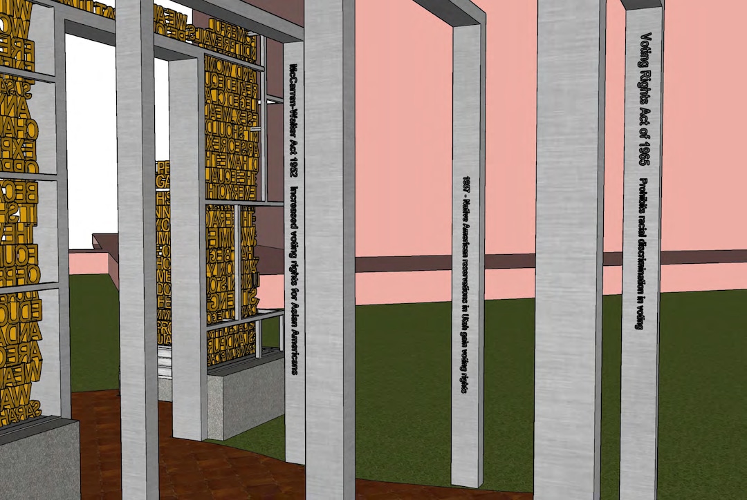 (Photo courtesy of Better Days 2020) Four doorframes will represent voting rights achievements in the 20th Century, including when the 19th Amendment was ratified, the Indian Citizenship Act, the McCarran-Walter Act and the Voting Rights Act.