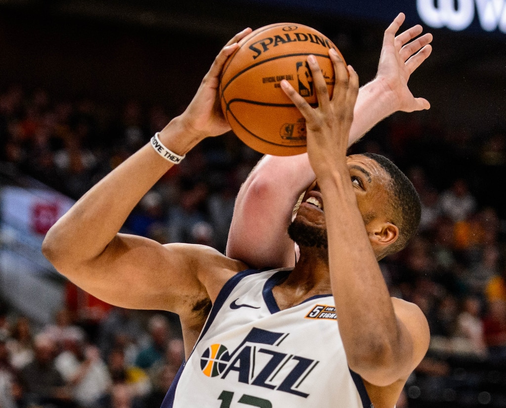 (Trent Nelson  |  The Salt Lake Tribune)  Utah Jazz center Tony Bradley (13) defended by Adelaide 36ers center Harry Froling (11) as the Utah Jazz host the Adelaide 36ers, NBA basketball in Salt Lake City on Saturday Oct. 5, 2019.