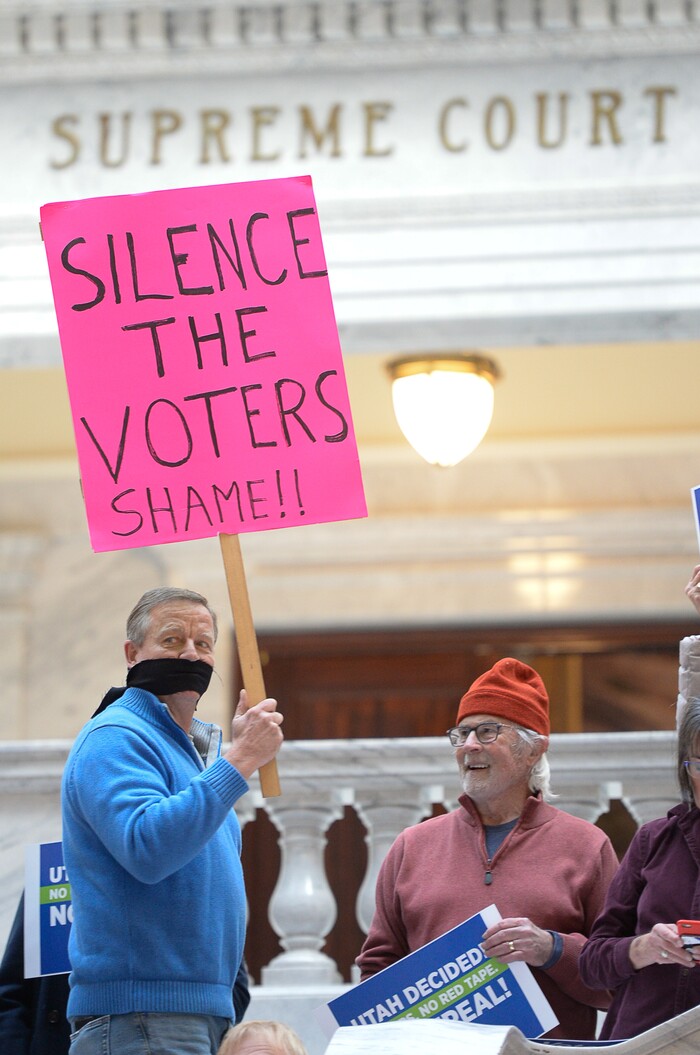 (Francisco Kjolseth  |  The Salt Lake Tribune)  Eric Wilson expresses his sentiments as he joins over 300 demonstrators in the Capitol rotunda on Monday, Jan, 28, 2019, on the first day of the Legislative session to rally in support of protecting Proposition 3, the Medicaid Expansion law recently passed by voters.