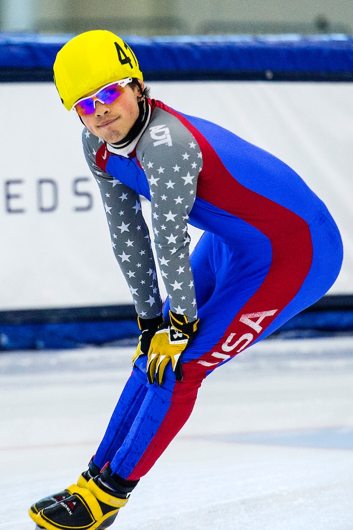 (Chris Detrick  |  The Salt Lake Tribune) John-Henry Krueger (418) after competing in the US Short Track Fall World Cup Qualifier at the Utah Olympic Oval Saturday, August 19, 2017. 