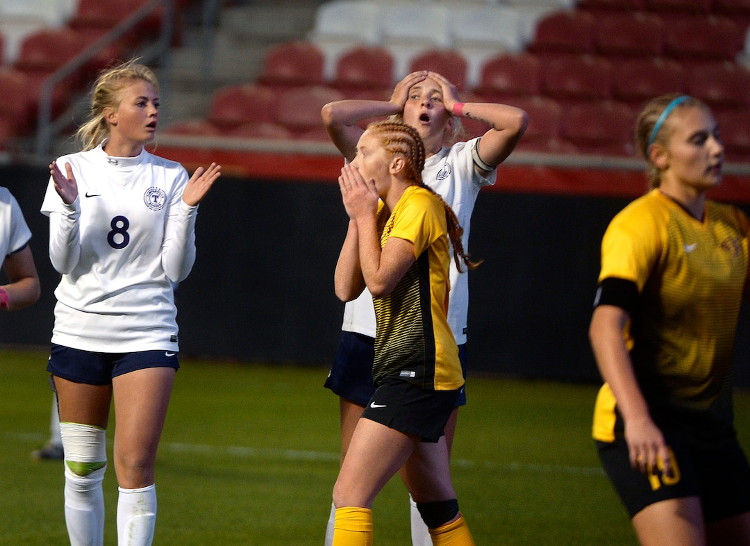 (Scott Sommerdorf   |  The Salt Lake Tribune)   Timpanogos' Kaitlin Babb reacts as Maple Mountain nearly scored on a header on this second half play. Maple Mountain won the shootout period after double overtime to win the 5A championship game over Timpanogos, Friday, October 20, 2017. 