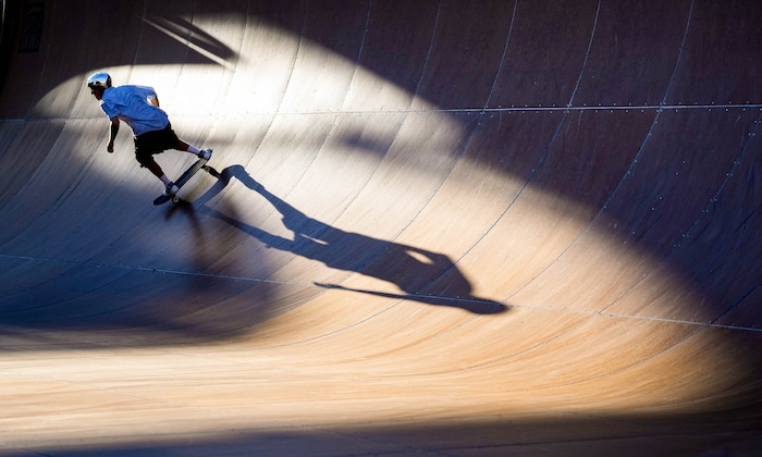 (Francisco Kjolseth | The Salt Lake Tribune) Shea Donavan participates in the men’s semifinals as part of Tony Hawk’s Vert Alert, a big-air skateboarding competition at the Utah Sate Fairpark on Friday, Aug. 26, 2022. 
